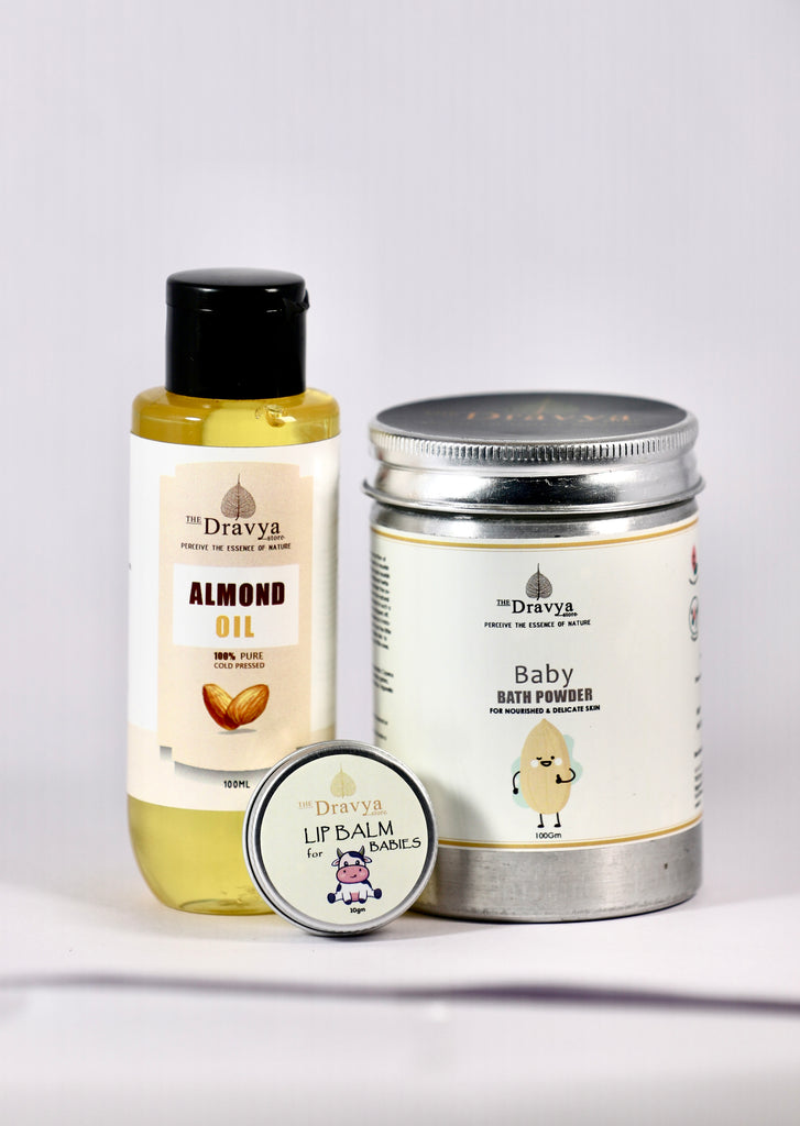 Baby Care Combo | for Healthy happy baby | Almond oil + Baby bath powder + Baby Lip balm
