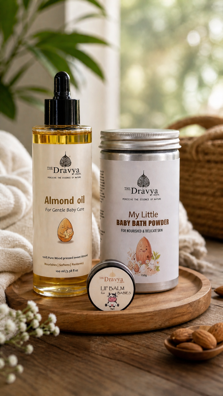 ⁠Ayurvedic Baby care ritual - (Wood Pressed Almond oil 100ml+ Baby Bath powder 150gm+ Baby Lip balm 10gm) 100% Natural | Ayurvedic Formulations | Gentle for Daily Baby care