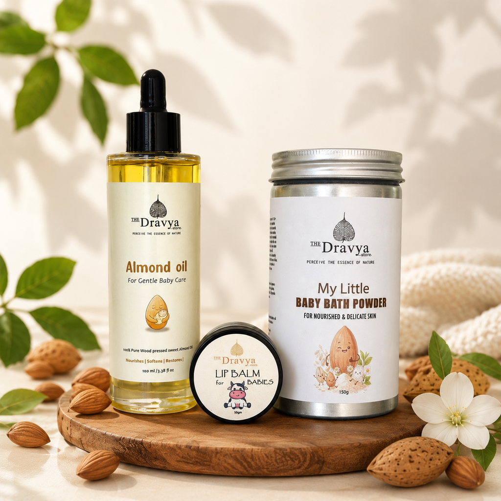 ⁠Ayurvedic Baby care ritual - (Wood Pressed Almond oil 100ml+ Baby Bath powder 150gm+ Baby Lip balm 10gm) 100% Natural | Ayurvedic Formulations | Gentle for Daily Baby care