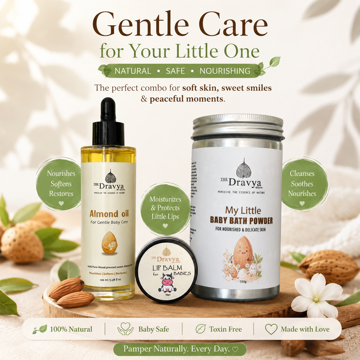 ⁠Ayurvedic Baby care ritual - (Wood Pressed Almond oil 100ml+ Baby Bath powder 150gm+ Baby Lip balm 10gm) 100% Natural | Ayurvedic Formulations | Gentle for Daily Baby care
