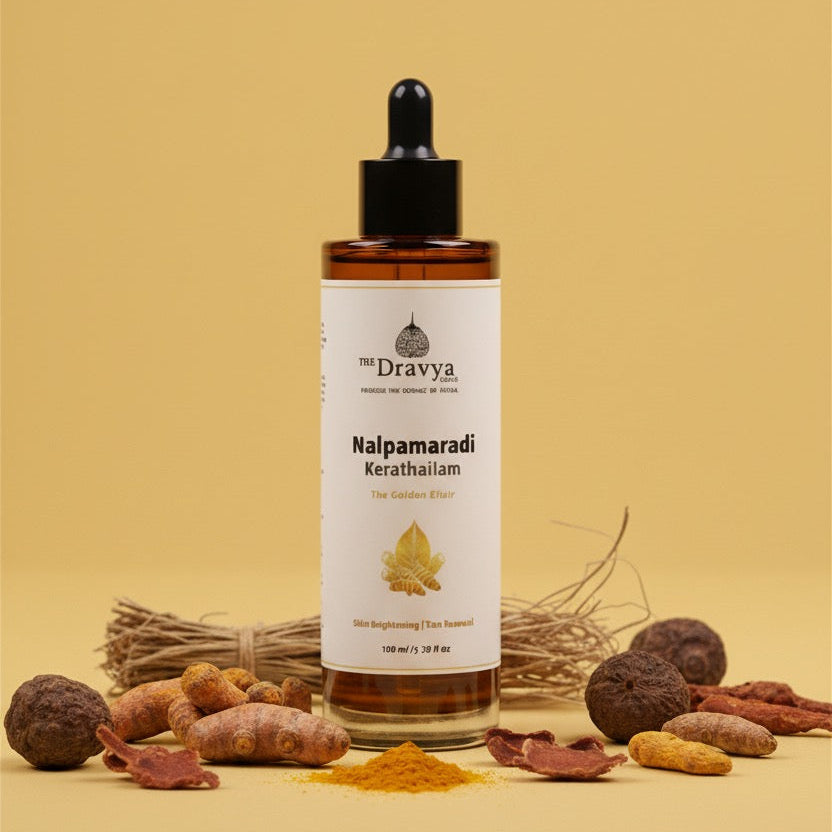DRAVYA Nalpamaradi Keratailam - 
Ayurvedic Brightening & De-Tan Face & Body Oil | Clinically-inspired Ayurvedic formulation used for centuries