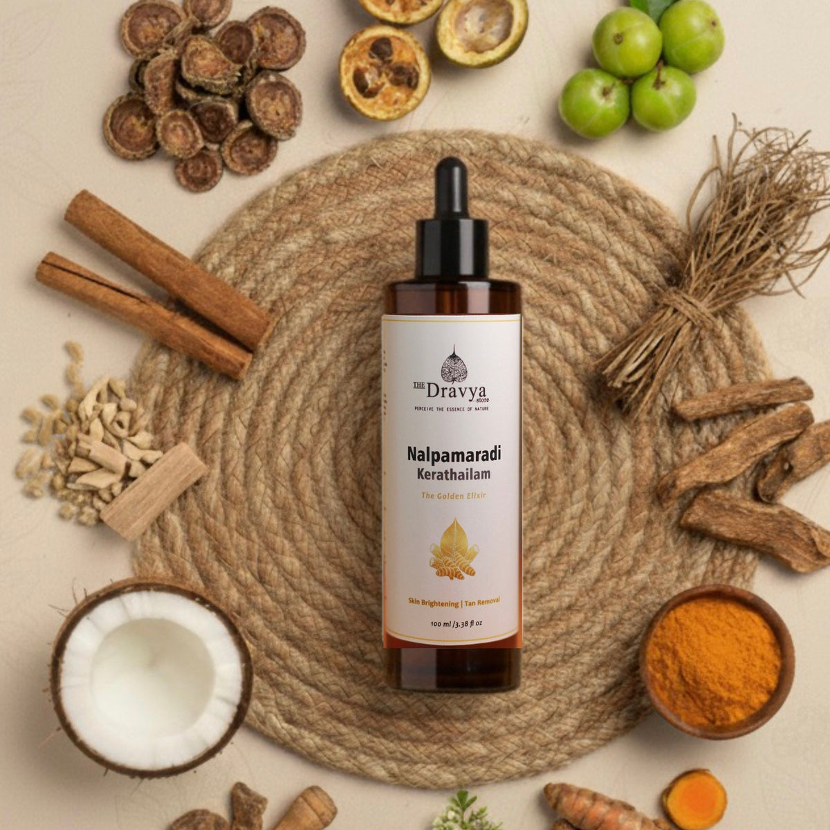 DRAVYA Nalpamaradi Keratailam - 
Ayurvedic Brightening & De-Tan Face & Body Oil | Clinically-inspired Ayurvedic formulation used for centuries